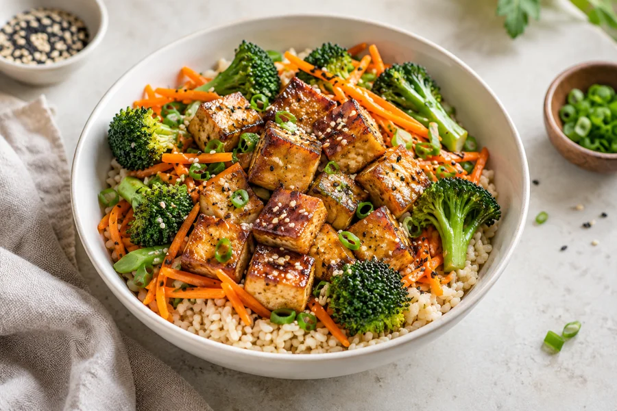 Serviervorschlag: Tofu-Reis-Bowl mit Sesam