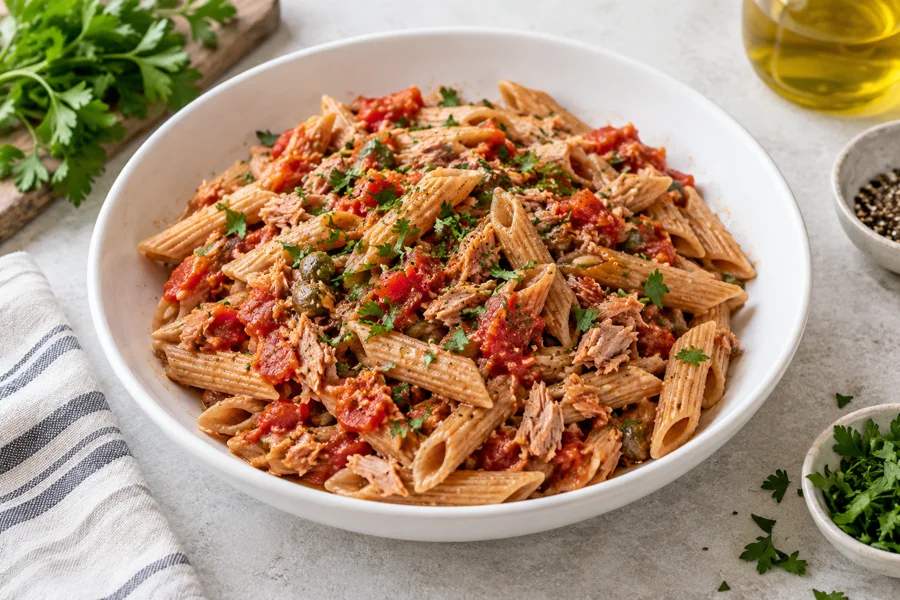 Serviervorschlag: Vollkornpasta mit Thunfisch