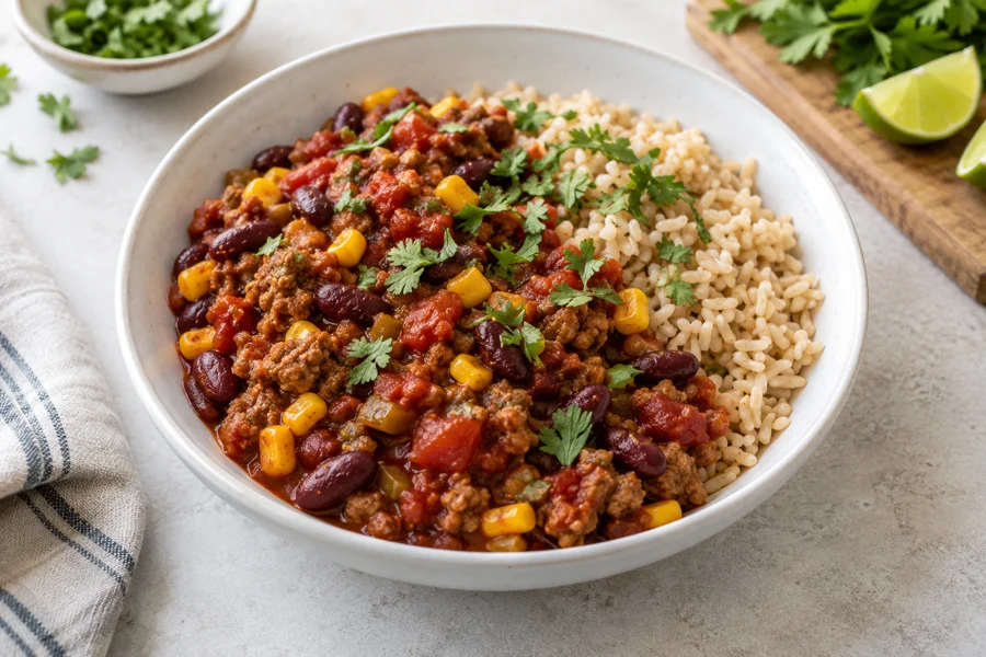 Serviervorschlag: Puten-Chili mit Naturreis