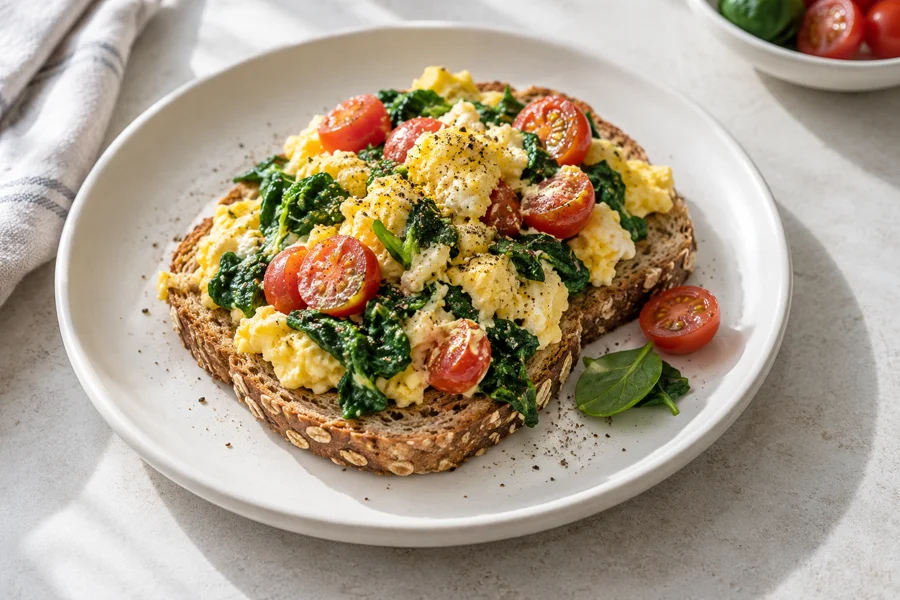 Serviervorschlag: Spinat-Rührei auf Vollkorntoast