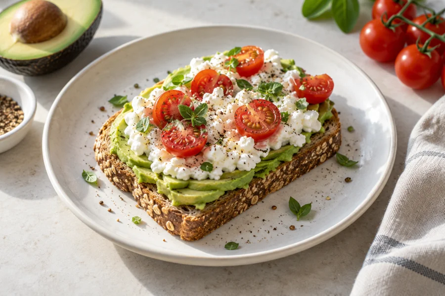 Serviervorschlag: Avocado-Hüttenkäse-Brot