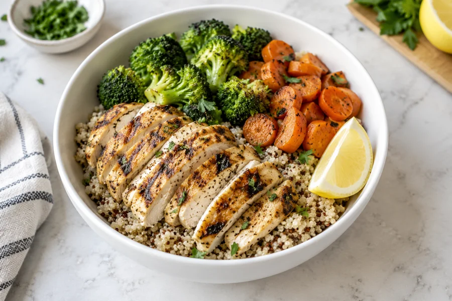 Serviervorschlag: Hähnchen-Quinoa-Bowl