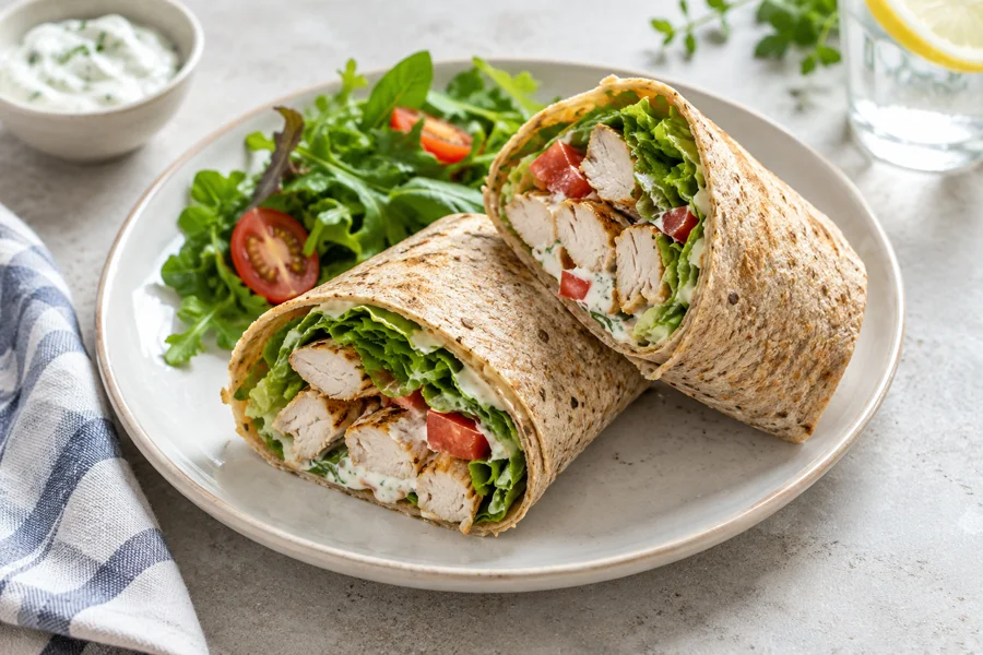 Serviervorschlag: Hähnchen-Wrap mit Joghurtsauce