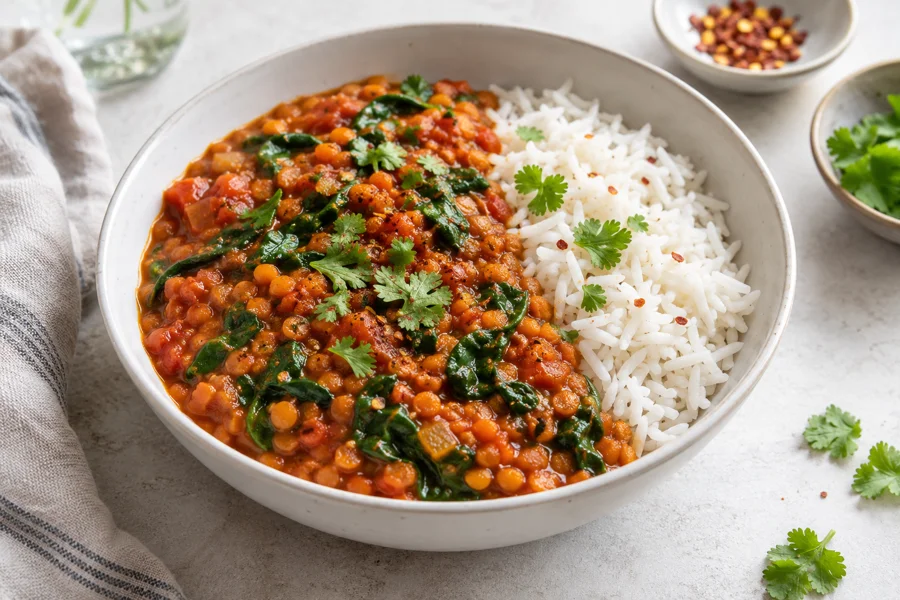 Serviervorschlag: Rotes Linsen-Spinat-Curry